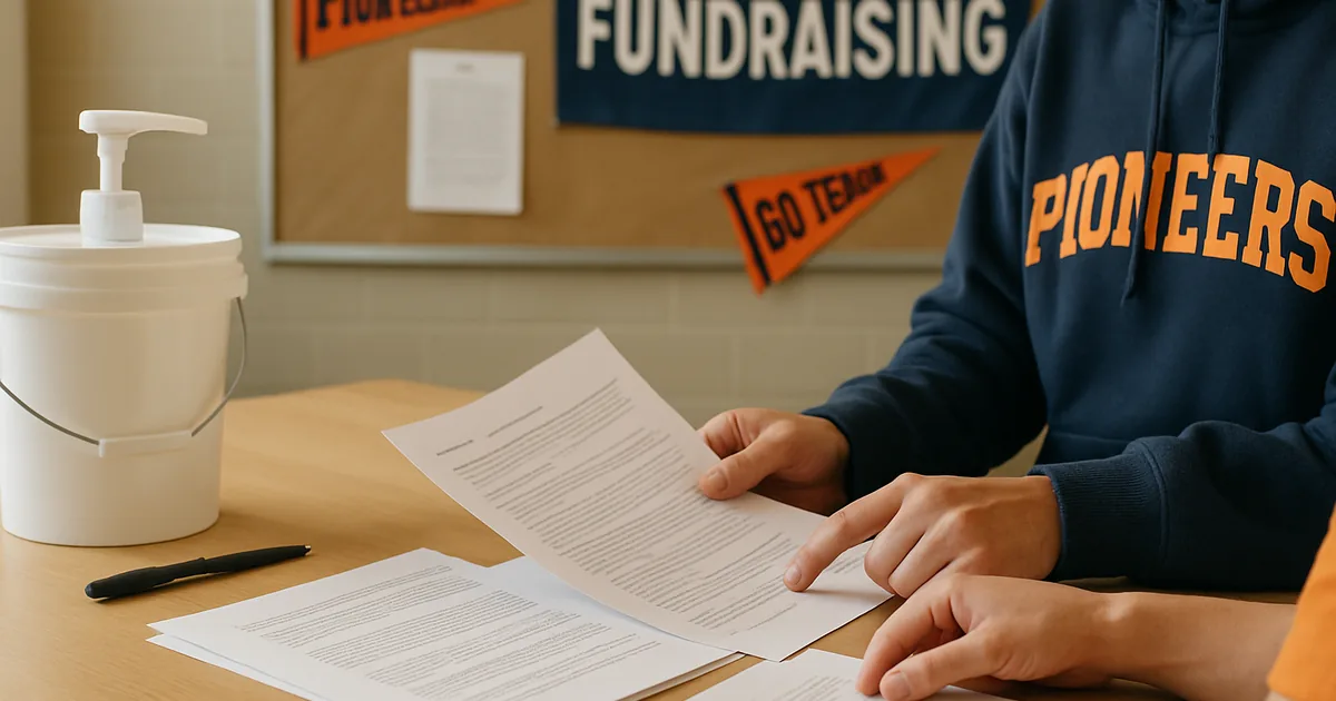 Coordinators reviewing fundraiser paperwork together at a table