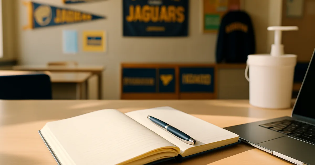 Open notebook and pen beside a laptop on a fundraiser planning desk