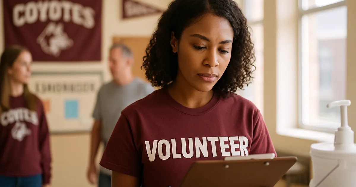 Volunteer reading from a clipboard while planning a fundraiser