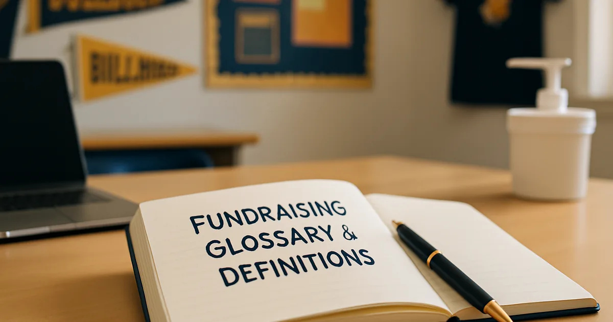 Open notebook and pen beside a laptop on a fundraiser planning desk