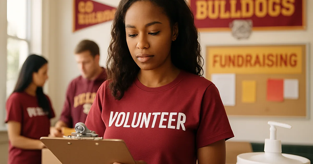 Volunteer reading from a clipboard while planning a fundraiser