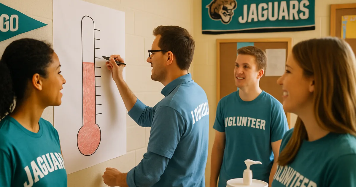 Coordinator marking fundraiser progress on a chart while volunteers watch