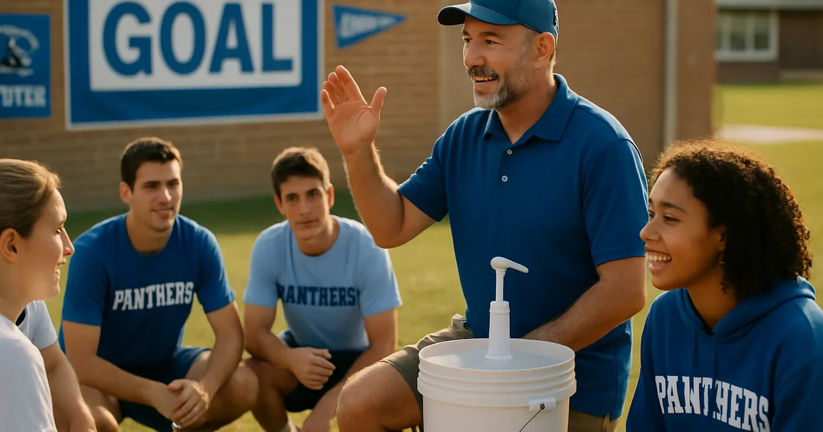 Coach and team gathered on a field at the end of a fundraiser
