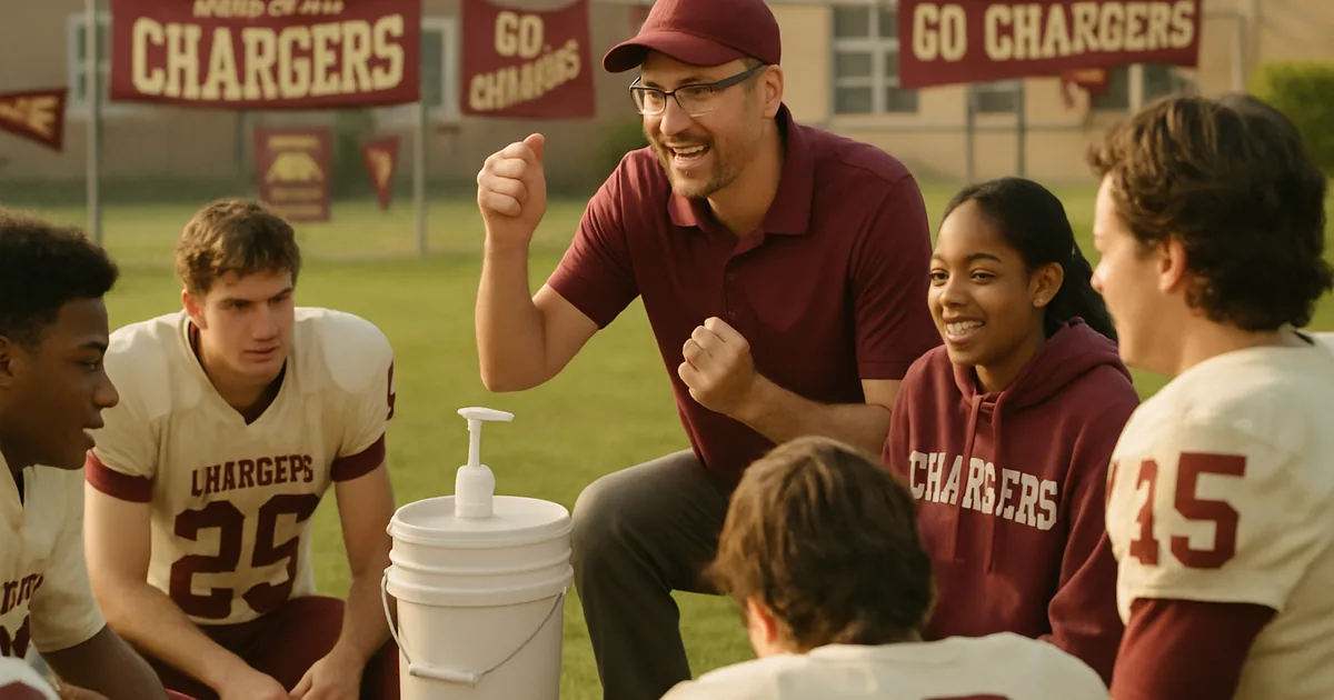 Coach and team gathered on a field at the end of a fundraiser