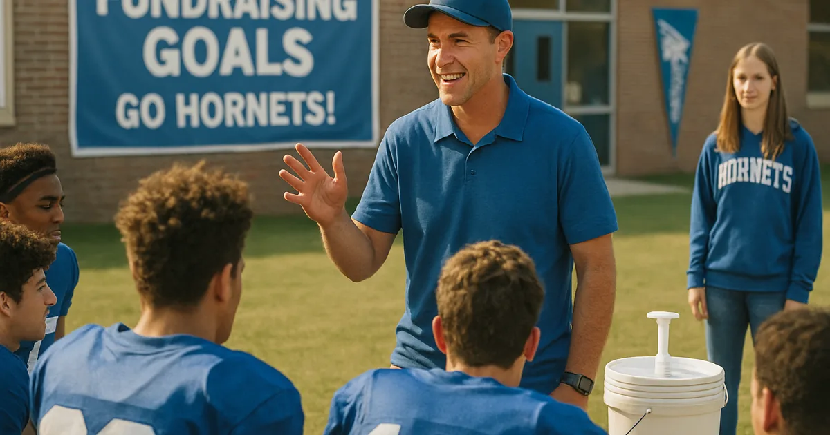 Coach and team gathered on a field at the end of a fundraiser