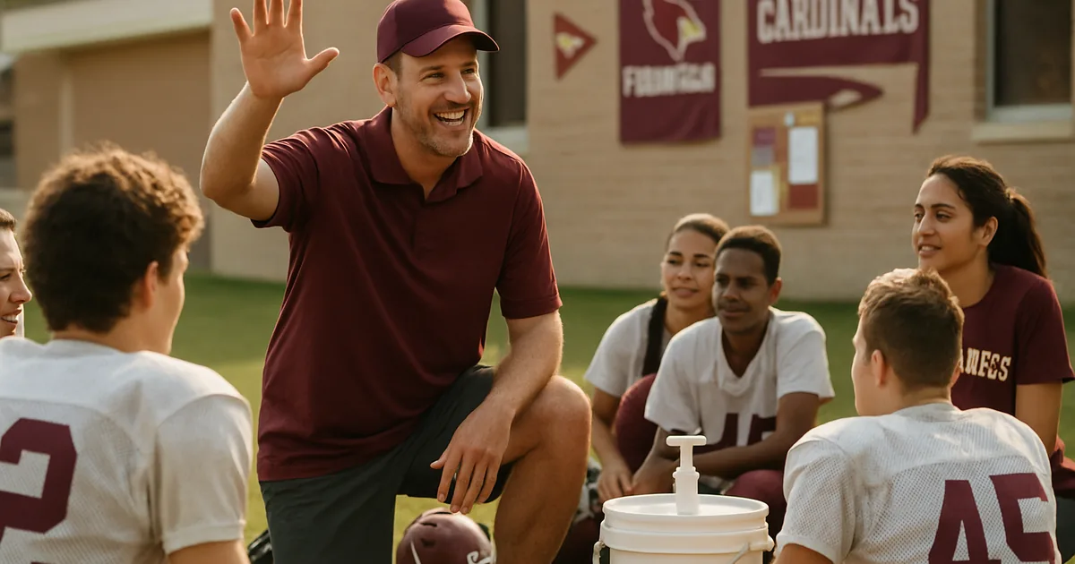 Coach and team gathered on a field at the end of a fundraiser