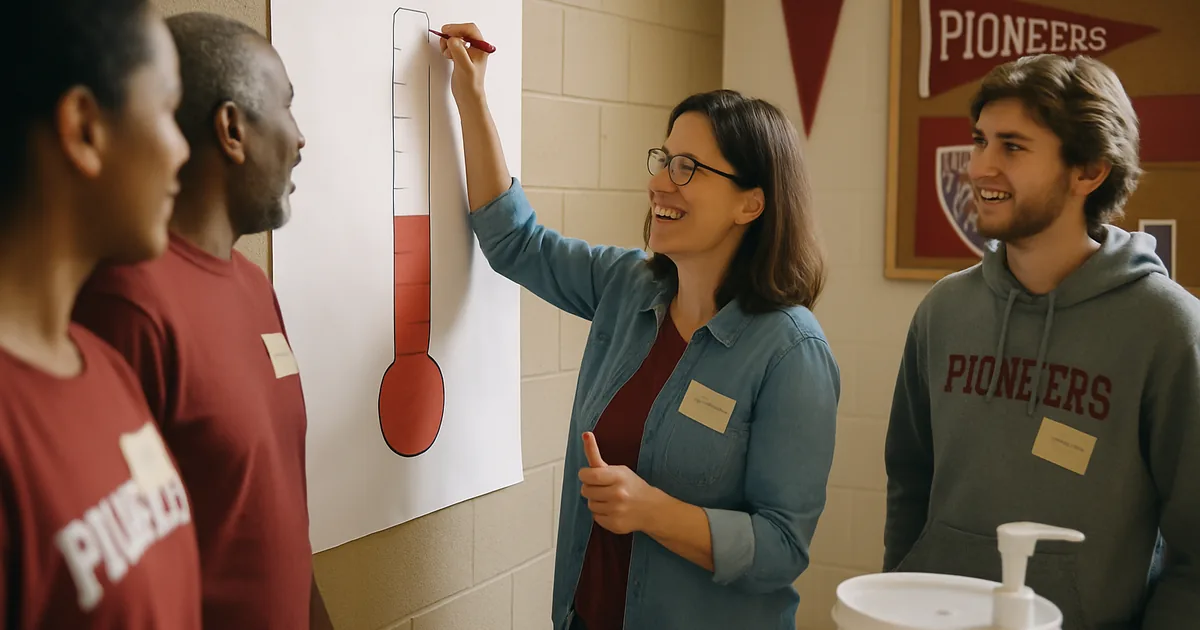 Coordinator marking fundraiser progress on a chart while volunteers watch