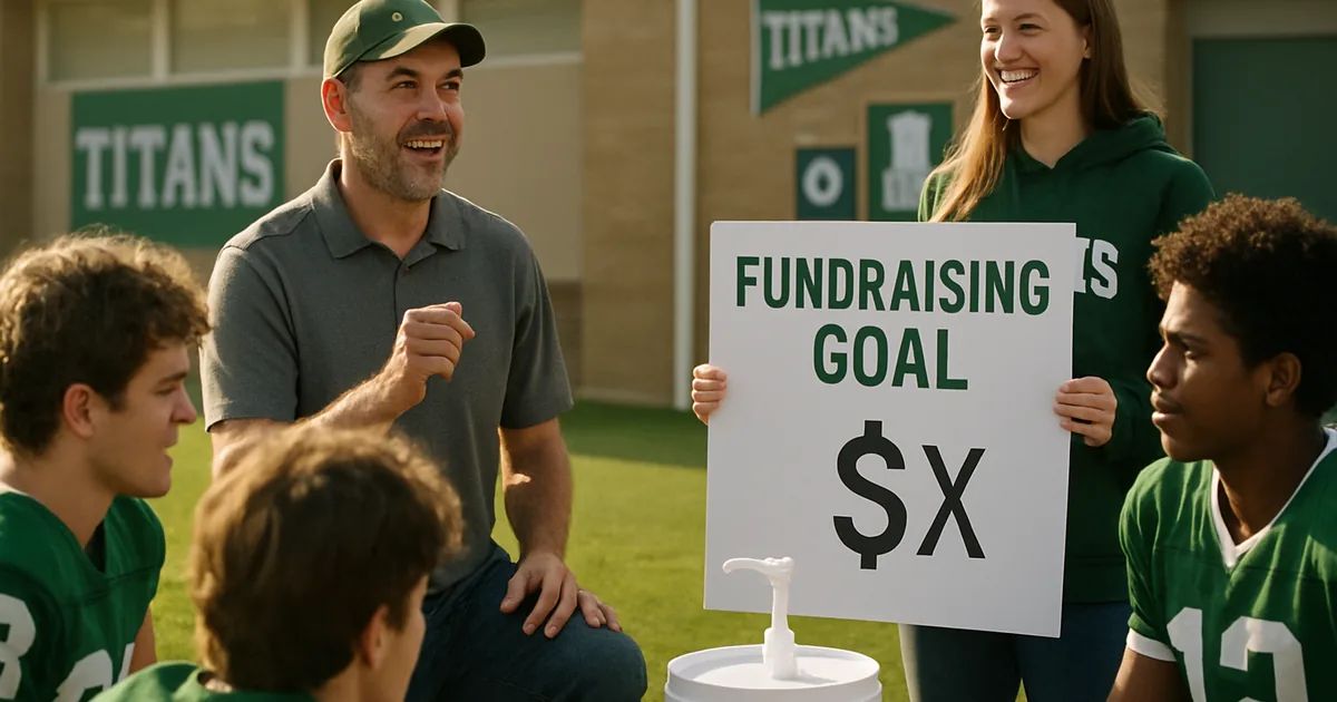 Coach and team gathered on a field at the end of a fundraiser