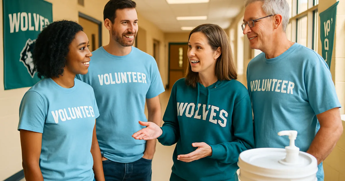 Volunteers talking together in a bright school hallway
