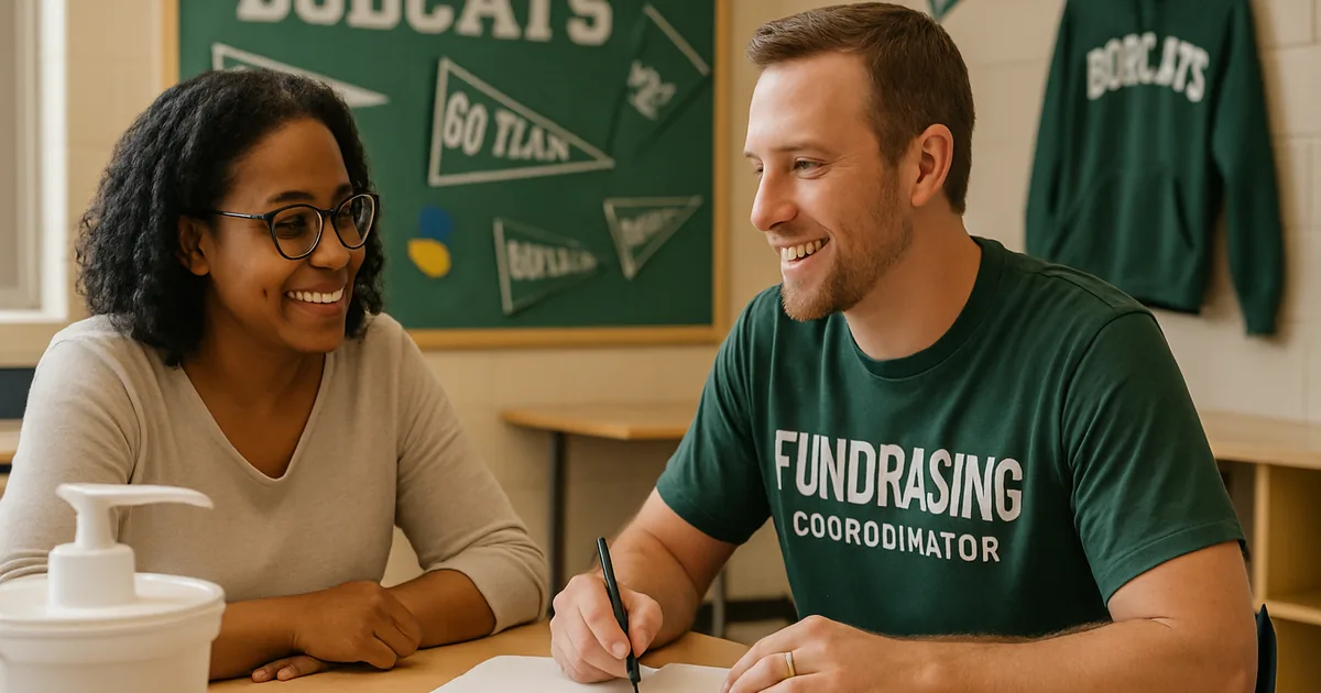 Parent and fundraiser coordinator talking across a table