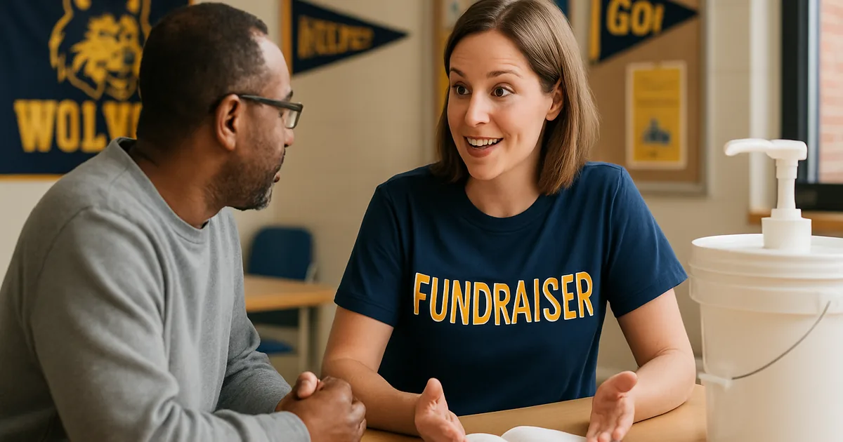 Parent and fundraiser coordinator talking across a table