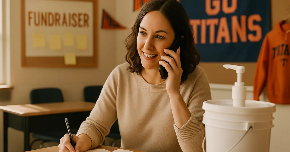 Fundraiser coordinator taking a call at a desk with a notebook