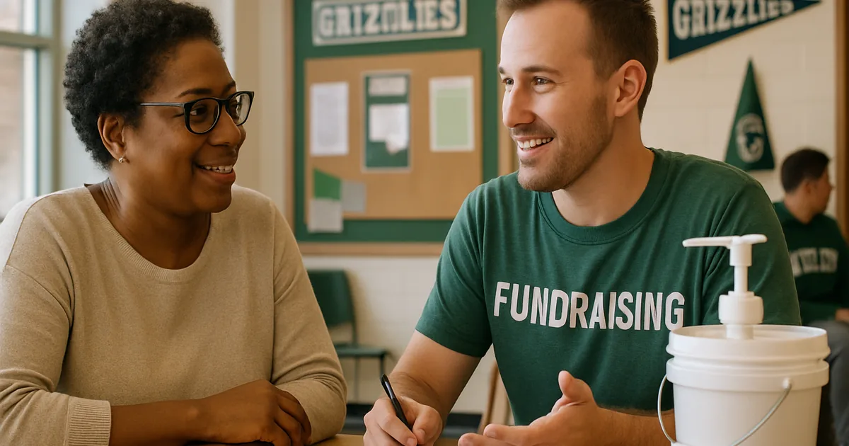 Parent and fundraiser coordinator talking across a table
