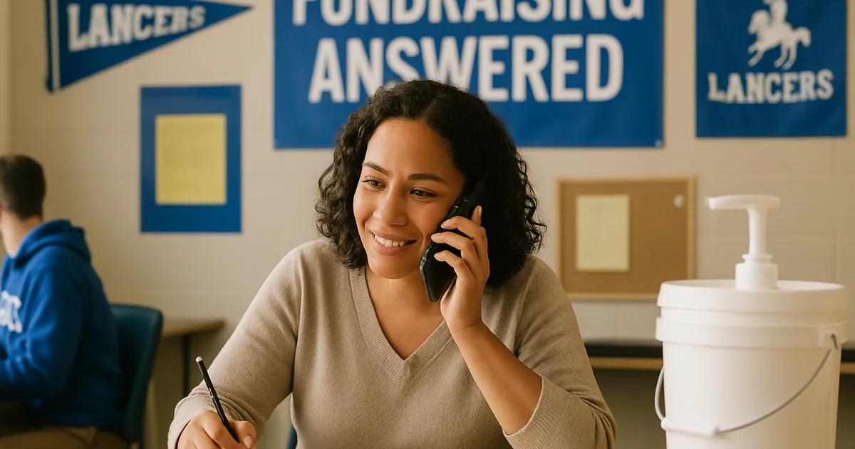 Fundraiser coordinator taking a call at a desk with a notebook