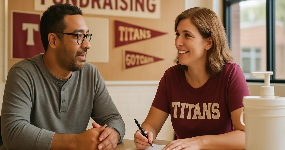 Parent and fundraiser coordinator talking across a table