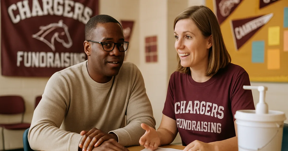 Parent and fundraiser coordinator talking across a table