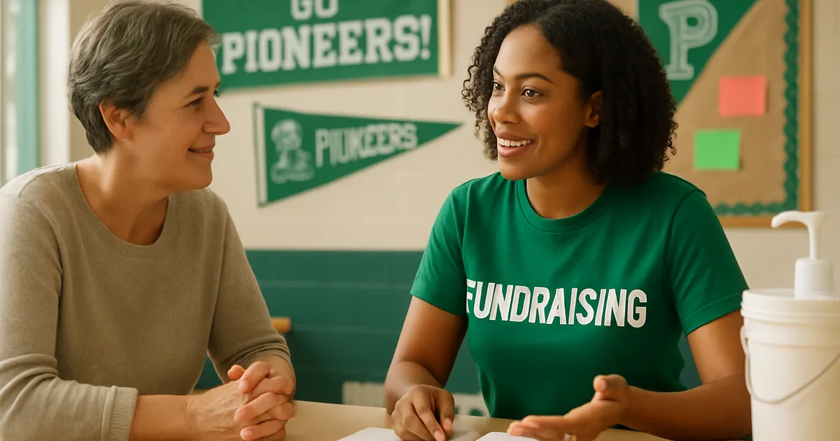 Parent and fundraiser coordinator talking across a table