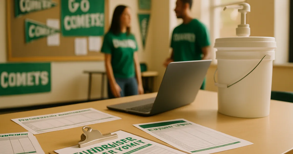 Volunteers planning a fundraiser around a table of order forms and a laptop