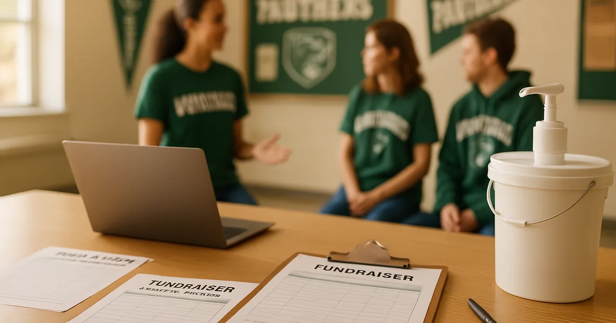 Volunteers planning a fundraiser around a table of order forms and a laptop