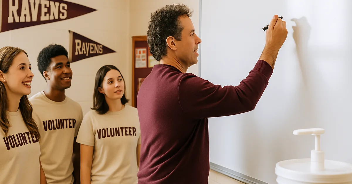Coordinator planning at a whiteboard while volunteers look on