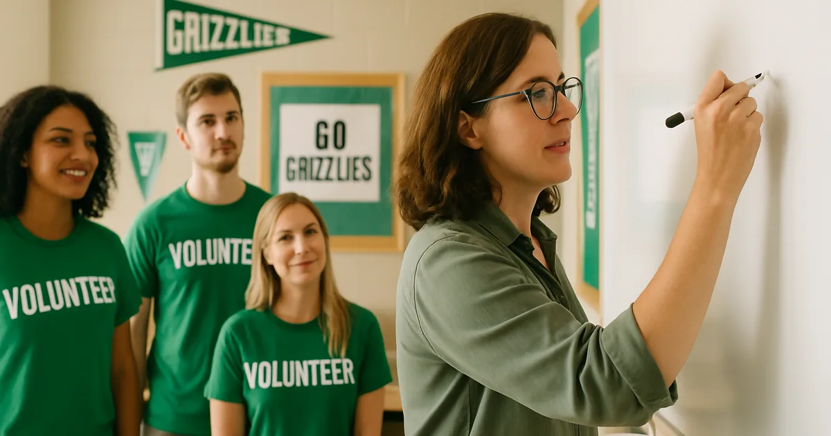 Coordinator planning at a whiteboard while volunteers look on