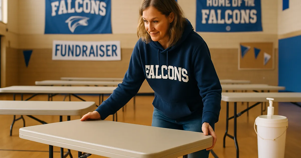 Parent volunteer setting up folding tables in a gym before a fundraiser