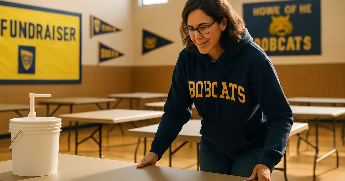 Parent volunteer setting up folding tables in a gym before a fundraiser