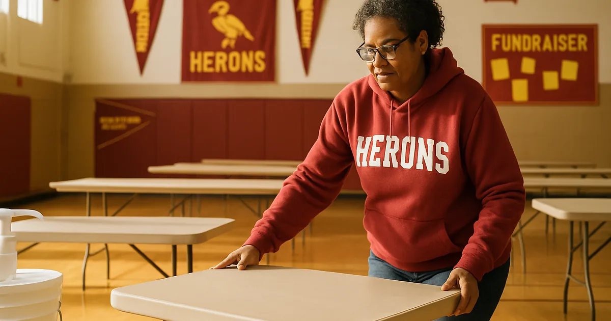Parent volunteer setting up folding tables in a gym before a fundraiser