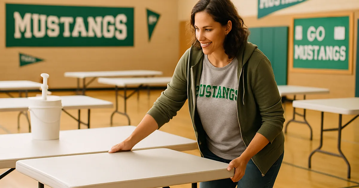 Parent volunteer setting up folding tables in a gym before a fundraiser