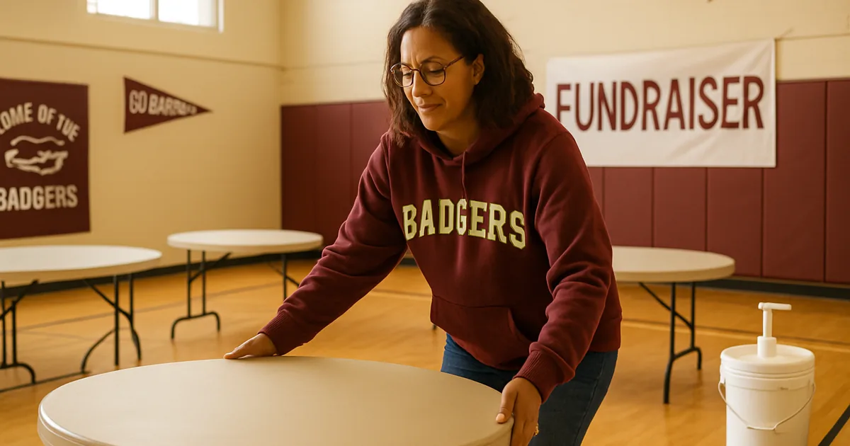 Parent volunteer setting up folding tables in a gym before a fundraiser