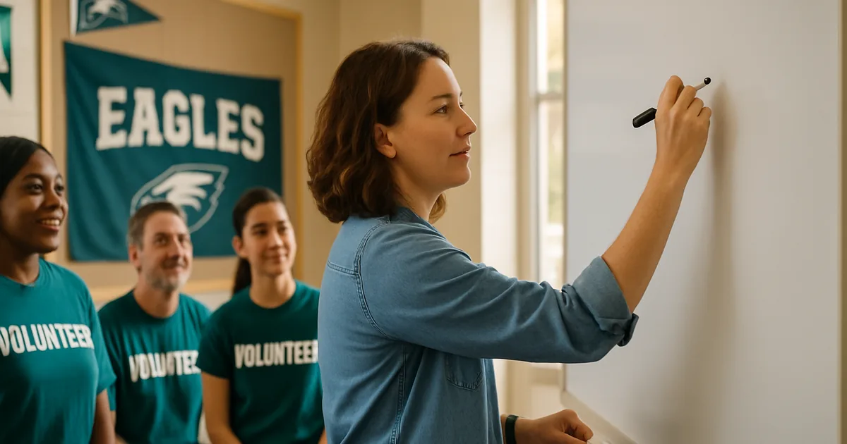 Coordinator planning at a whiteboard while volunteers look on