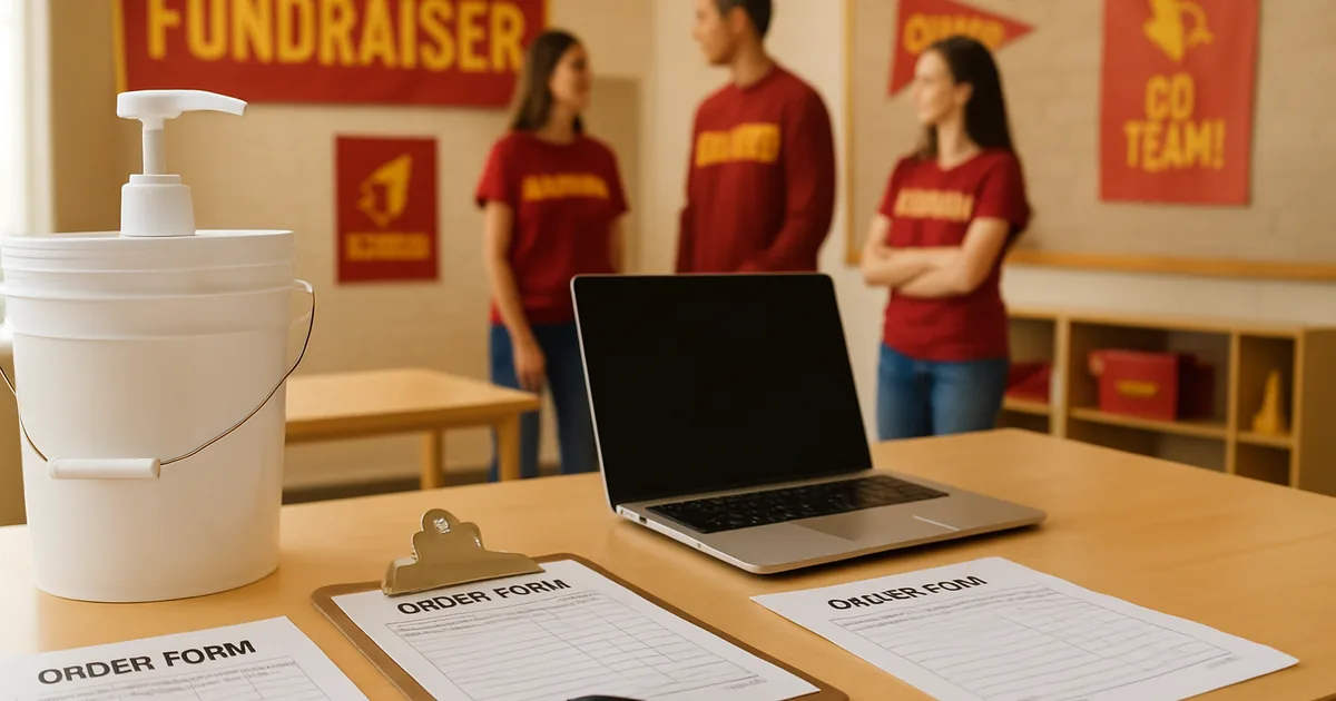 Volunteers planning a fundraiser around a table of order forms and a laptop