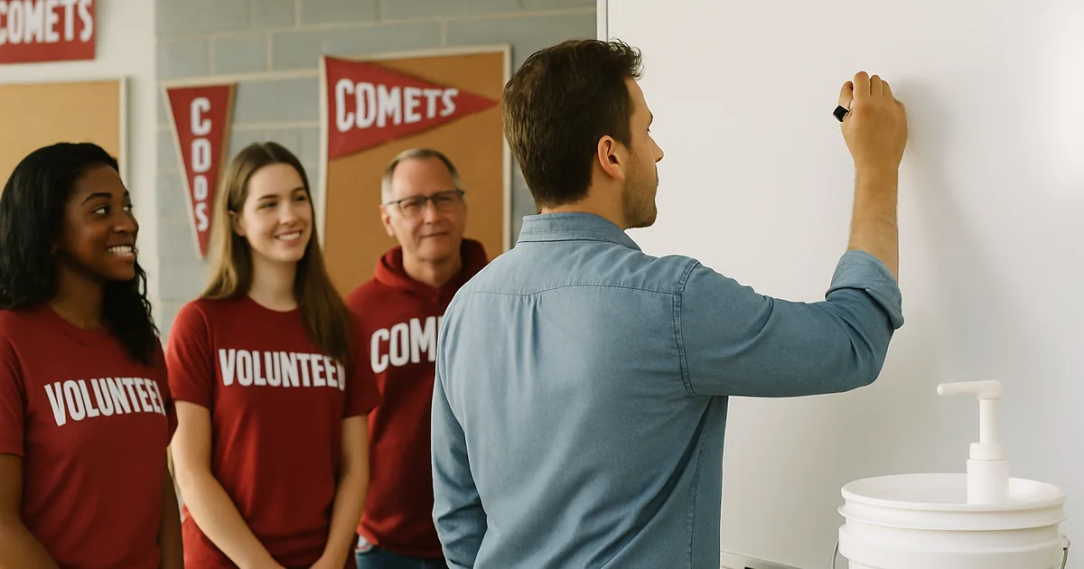 Coordinator planning at a whiteboard while volunteers look on