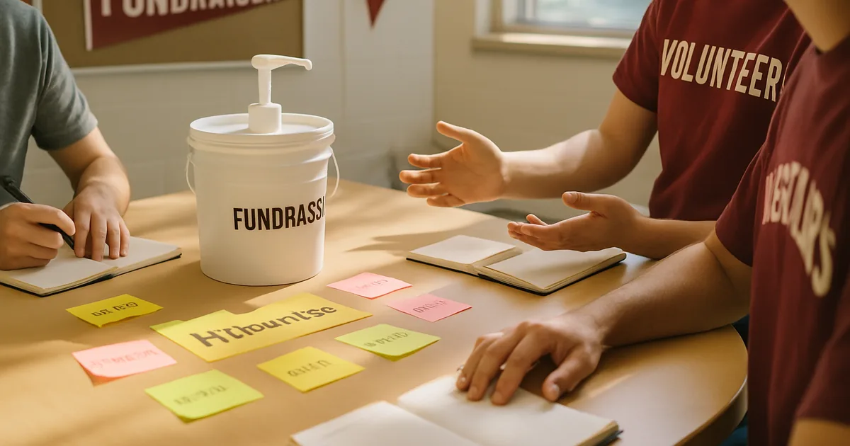 Volunteers dividing fundraiser tasks around a table