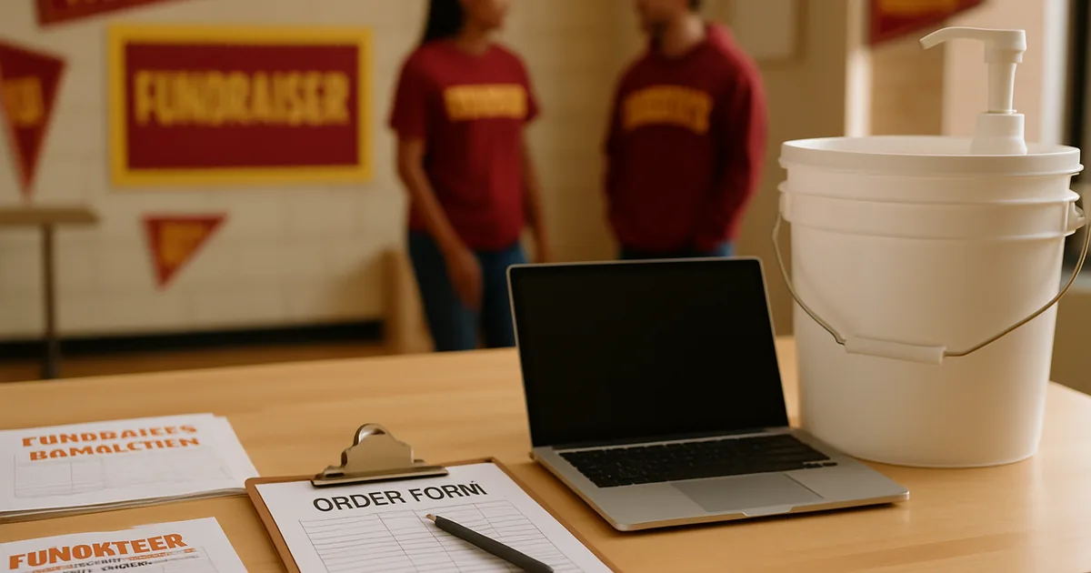 Volunteers planning a fundraiser around a table of order forms and a laptop