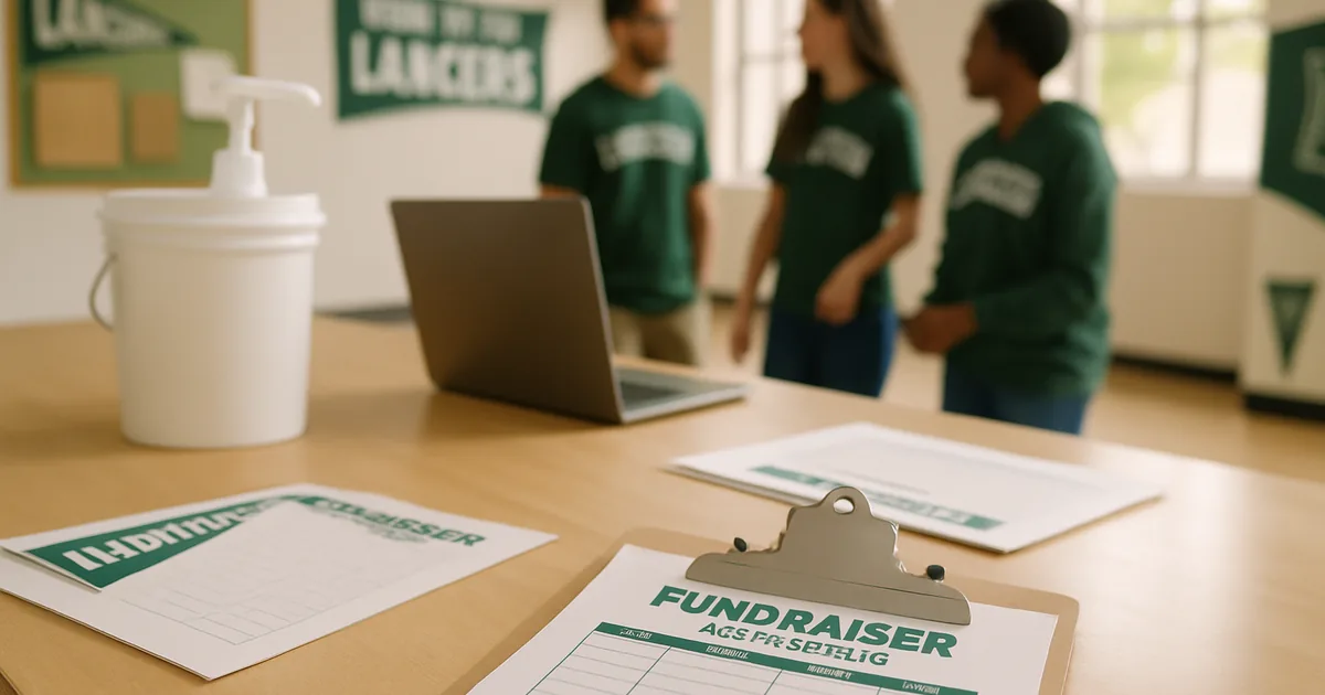 Volunteers planning a fundraiser around a table of order forms and a laptop