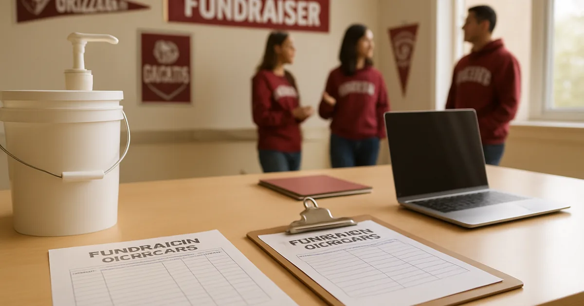Volunteers planning a fundraiser around a table of order forms and a laptop