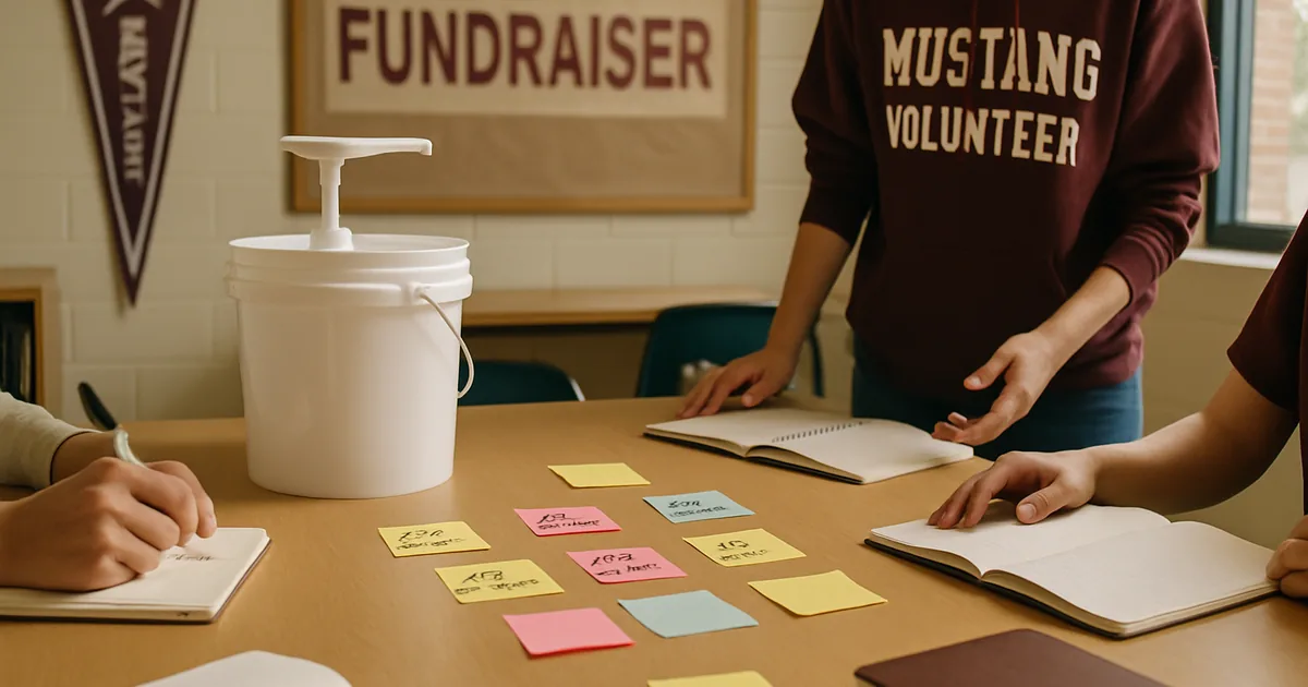 Volunteers dividing fundraiser tasks around a table