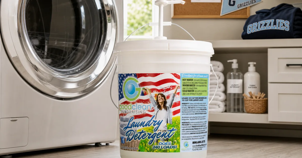Plain Good Clean Fundraising five-gallon detergent bucket with a pump beside a washing machine in a home laundry room