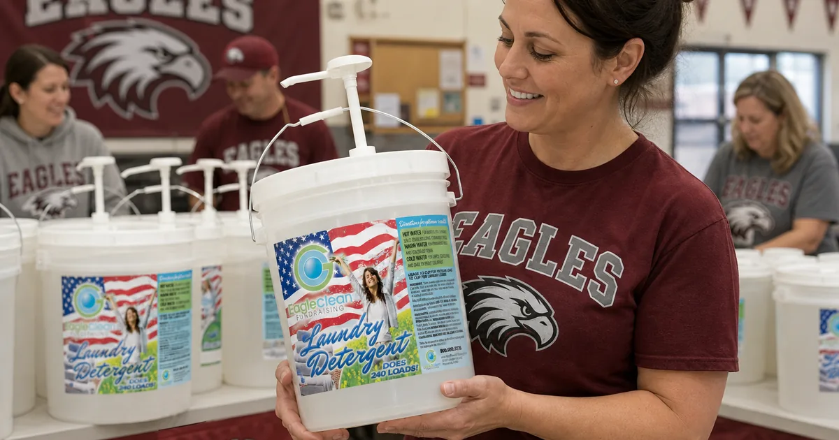 Volunteer holding a Good Clean Fundraising five-gallon detergent bucket at a school fundraiser pickup table