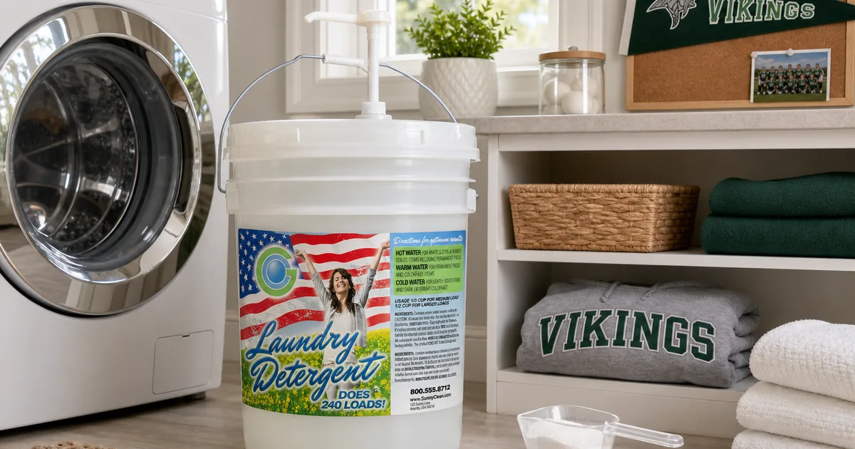 Plain Good Clean Fundraising five-gallon detergent bucket with a pump beside a washing machine in a home laundry room