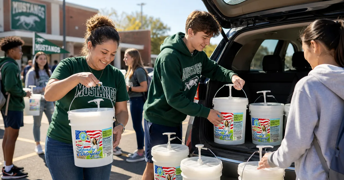 Students and parents loading Good Clean Fundraising detergent buckets into a car at a fundraiser pickup