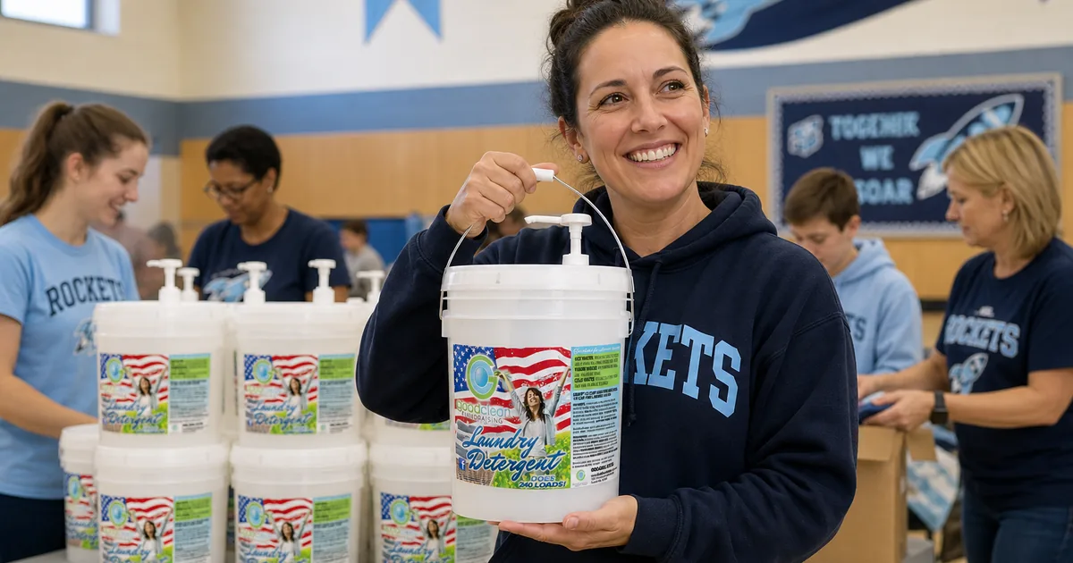 Volunteer holding a Good Clean Fundraising five-gallon detergent bucket at a school fundraiser pickup table
