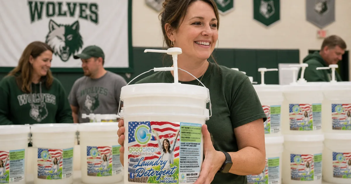 Volunteer holding a Good Clean Fundraising five-gallon detergent bucket at a school fundraiser pickup table