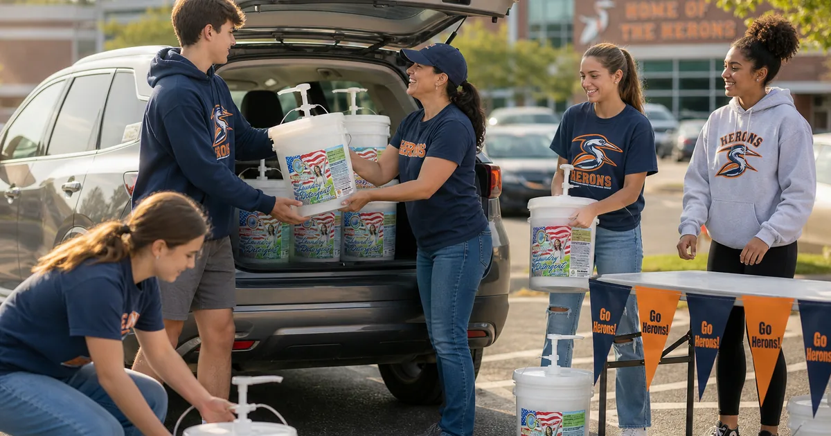 Students and parents loading Good Clean Fundraising detergent buckets into a car at a fundraiser pickup