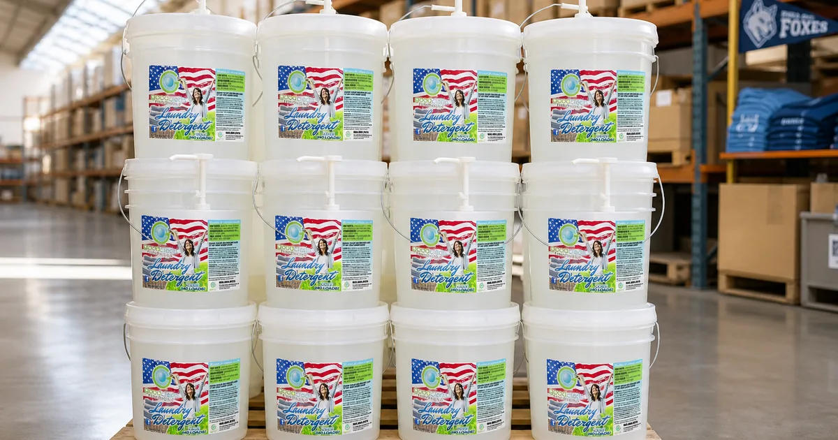 Pallet of unlabeled Good Clean Fundraising five-gallon detergent bucket stacked in a clean warehouse