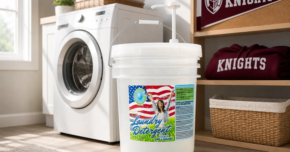 Plain Good Clean Fundraising five-gallon detergent bucket with a pump beside a washing machine in a home laundry room