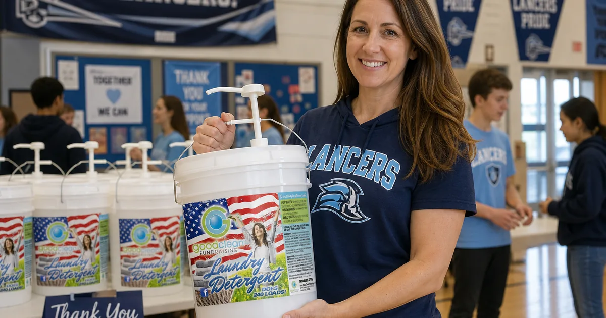 Volunteer holding a Good Clean Fundraising five-gallon detergent bucket at a school fundraiser pickup table
