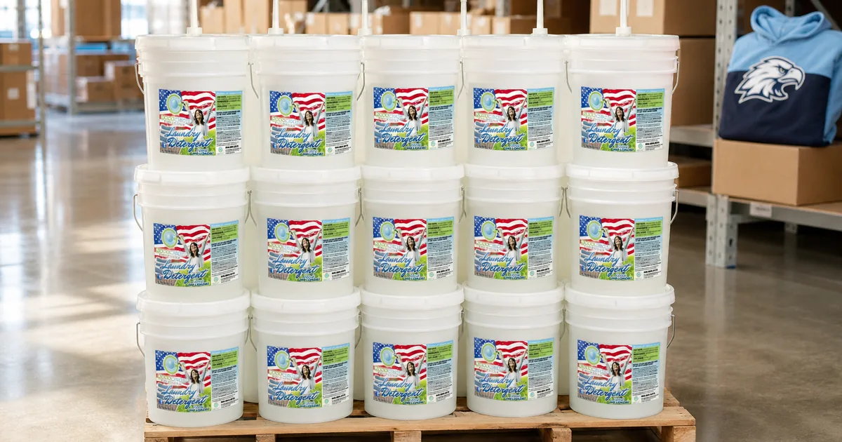 Pallet of unlabeled Good Clean Fundraising five-gallon detergent bucket stacked in a clean warehouse