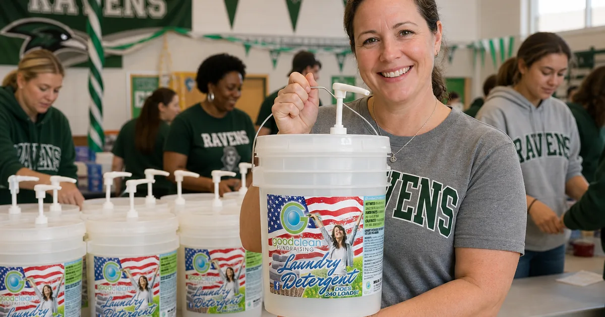 Volunteer holding a Good Clean Fundraising five-gallon detergent bucket at a school fundraiser pickup table